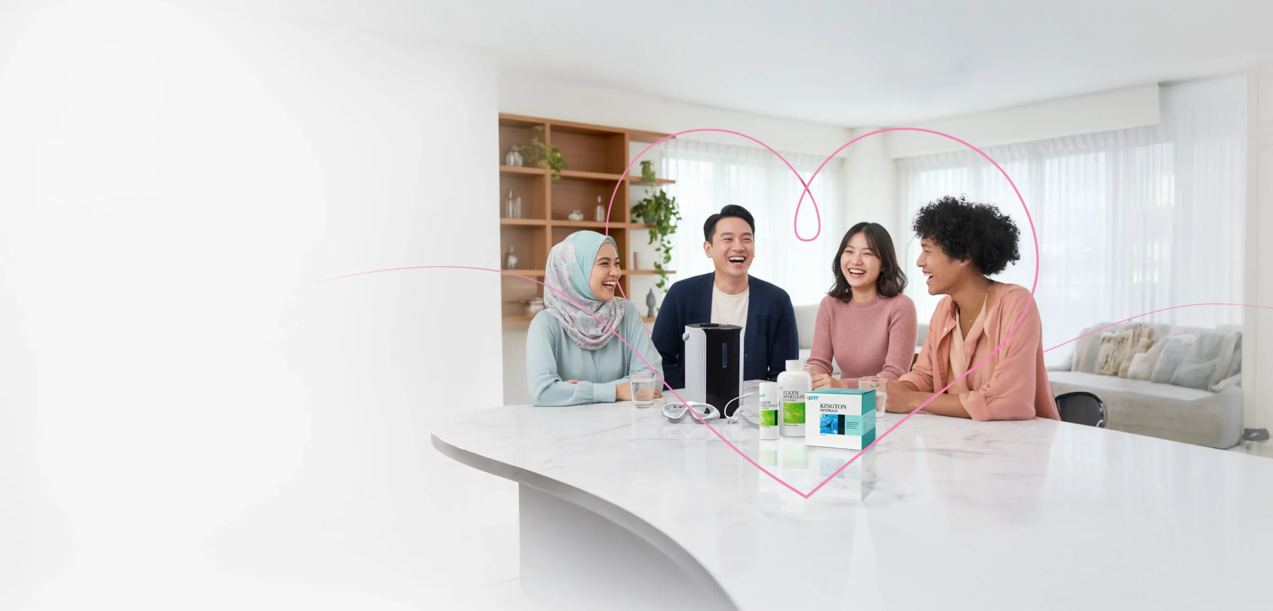 Multiracial family and friends enjoying healthy drinks together with Elken wellness products in a modern kitchen