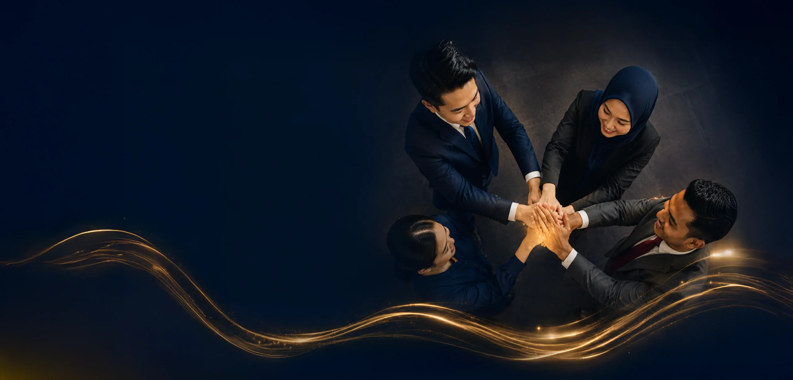 Corporate leadership team stacking hands together representing excellence and achievement