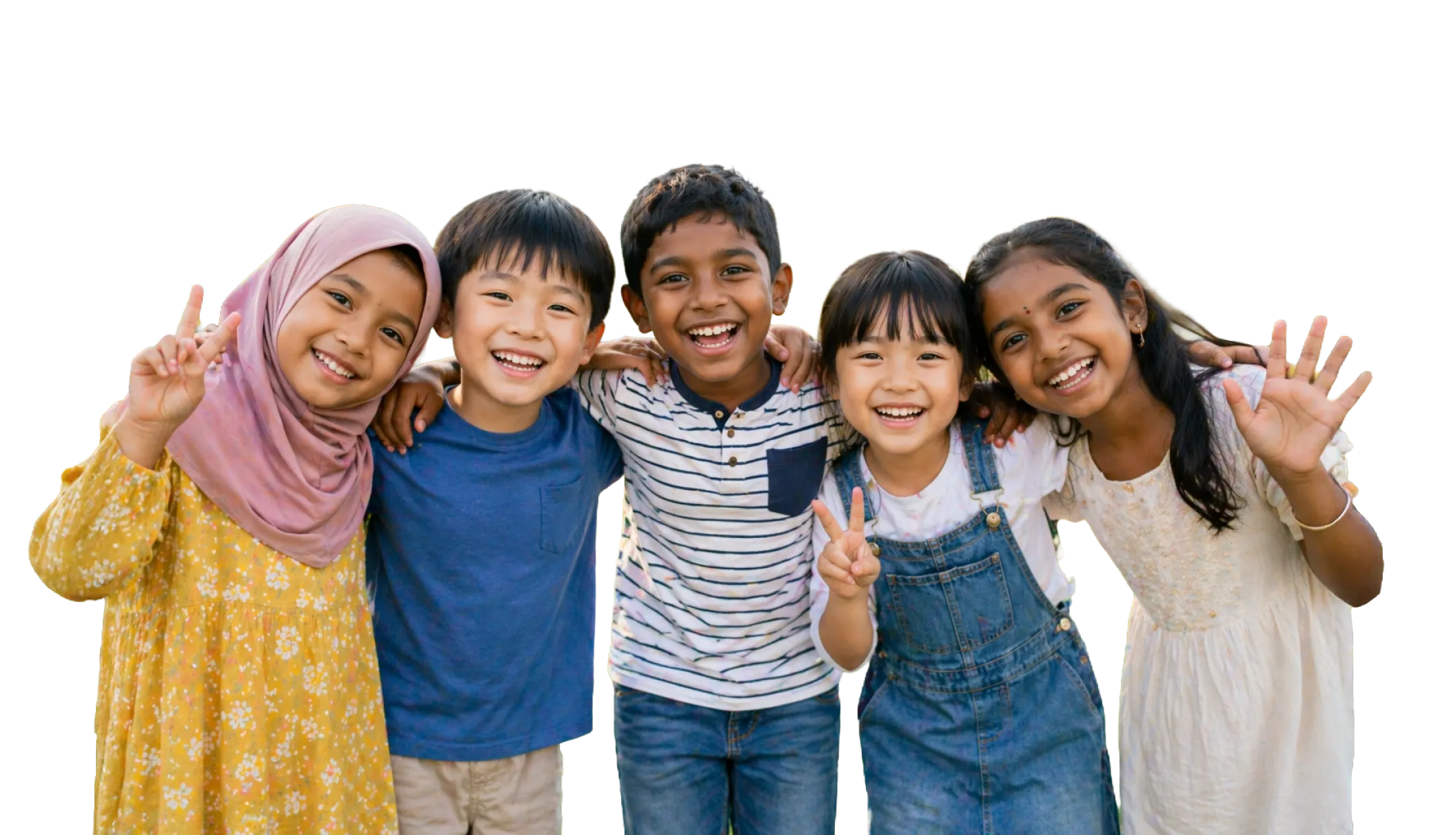 Group of multicultural children smiling and waving together outdoors