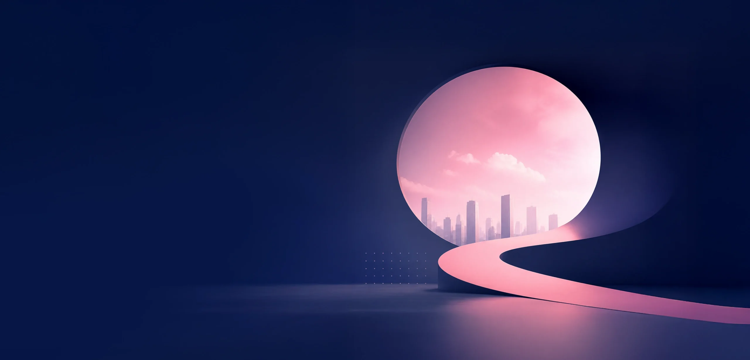 Abstract futuristic tunnel with city skyline representing Elken purpose driven vision