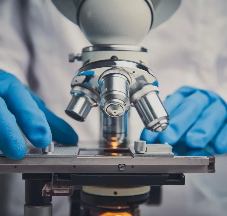 Scientist using microscope in laboratory for Elken research and development