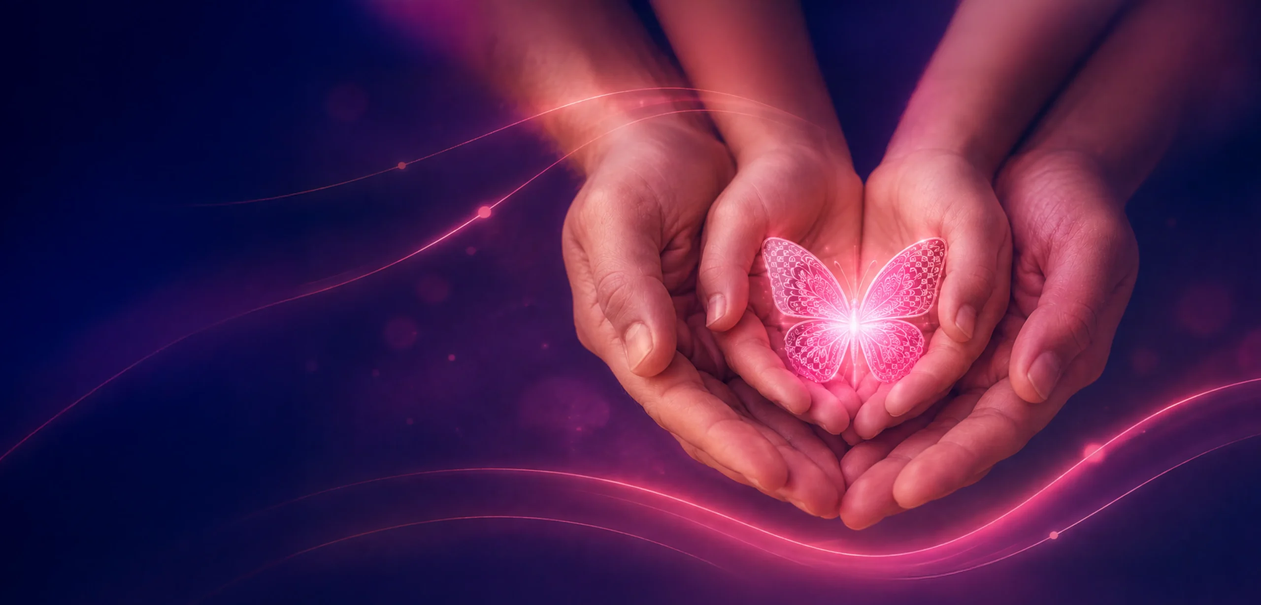 Hands holding glowing butterfly symbolising compassion and community care