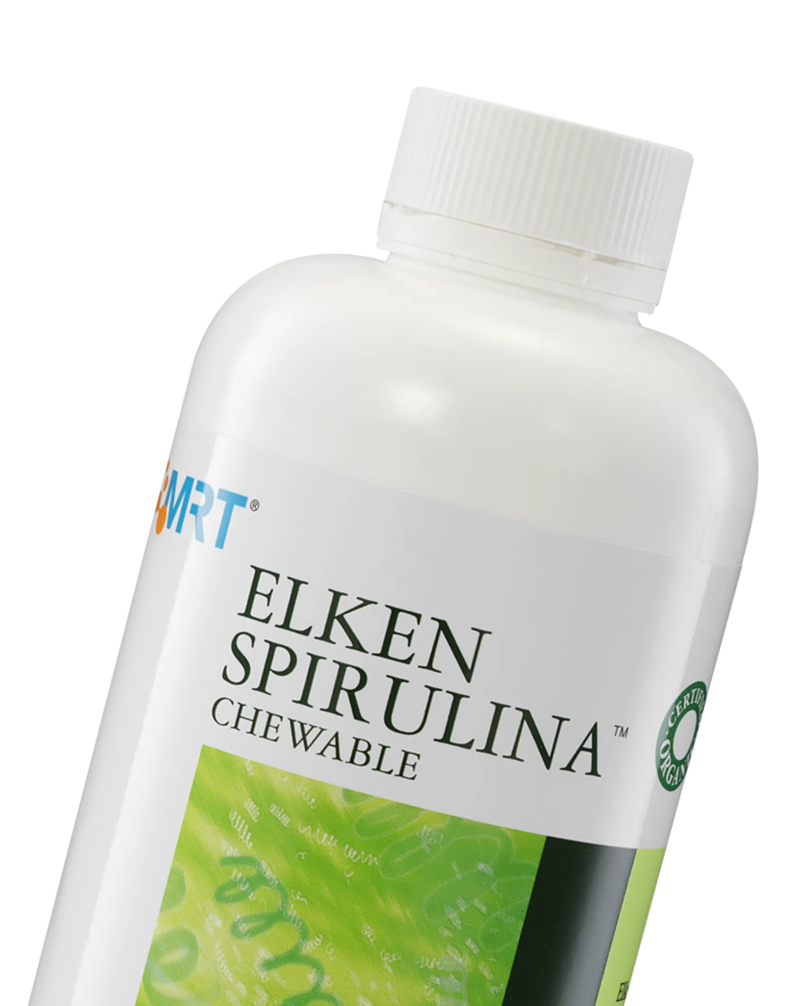 Close up of Elken Spirulina supplement bottle for daily wellness and nutrition support