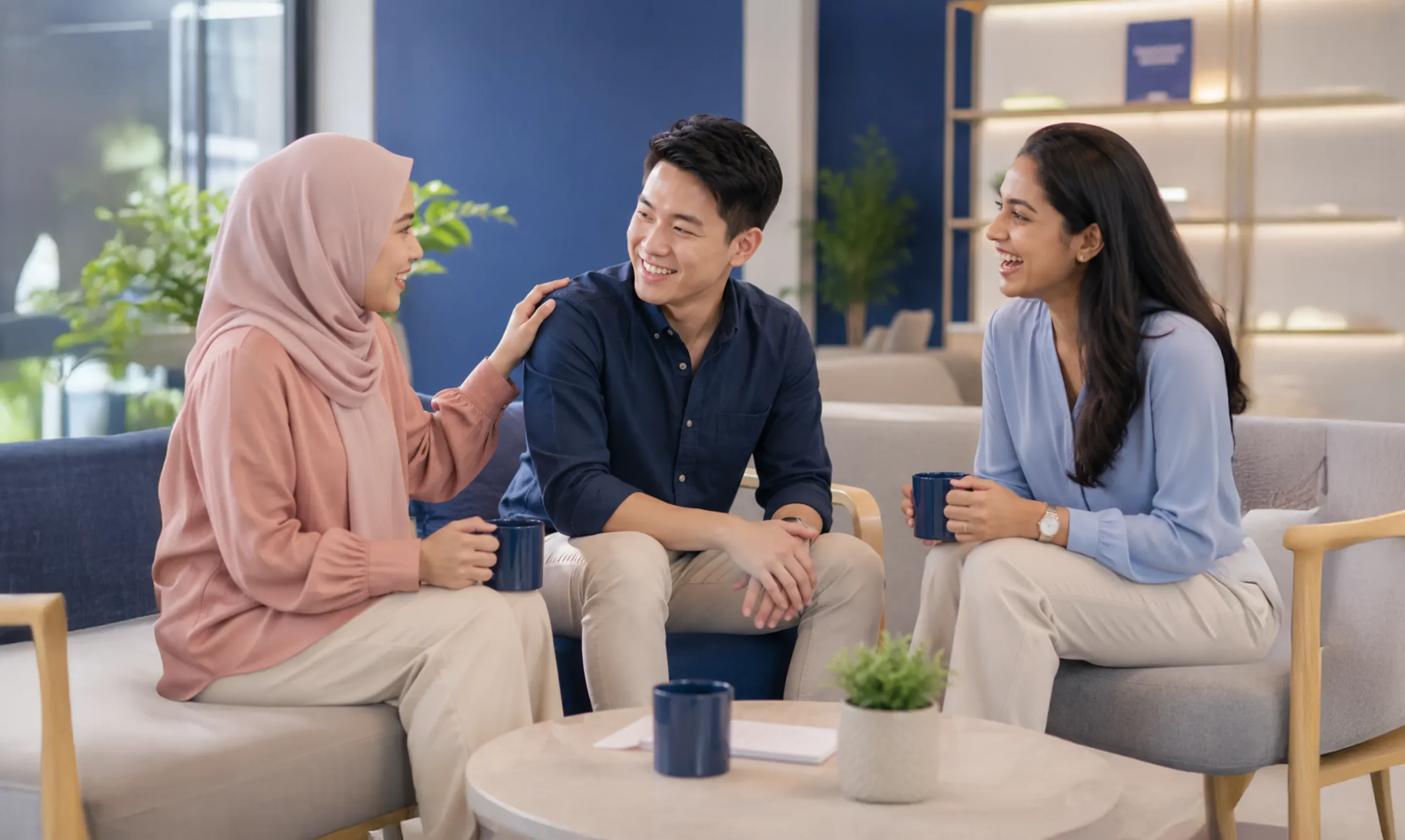 Friendly colleagues having heart to heart conversation in office lounge